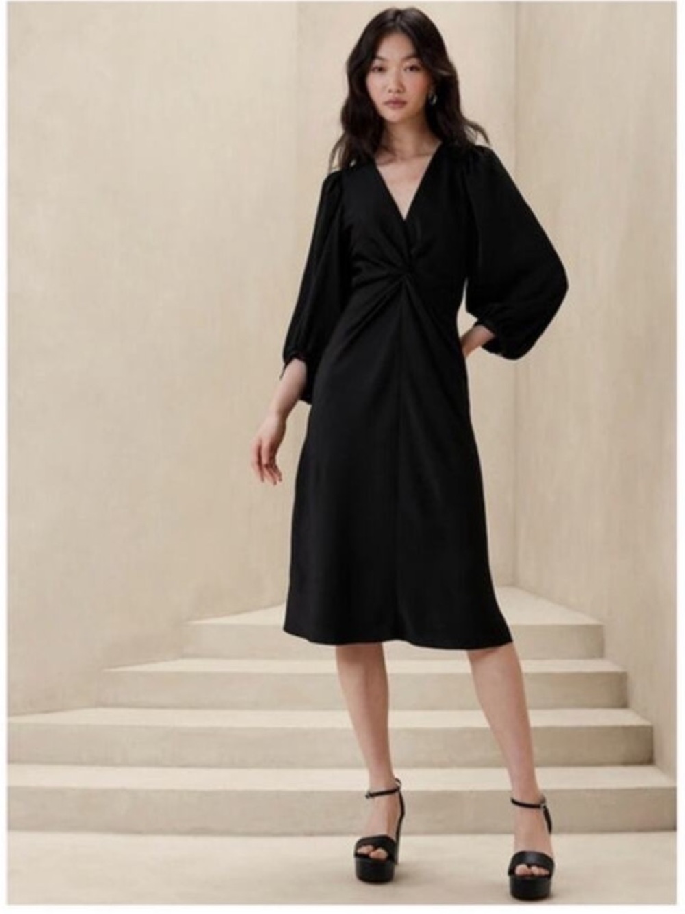 Banana Republic Black Twist-Front Midi Dress Size 4 Petite NWT